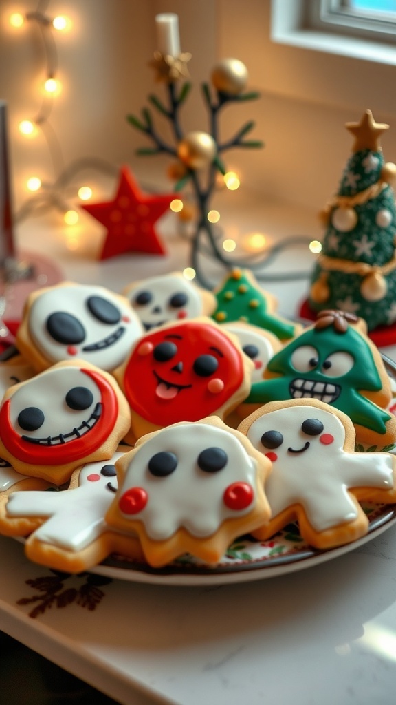 Undertale-Themed Christmas Cookies A plate of decorated Undertale-themed Christmas cookies with character designs, set against a festive holiday backdrop.
